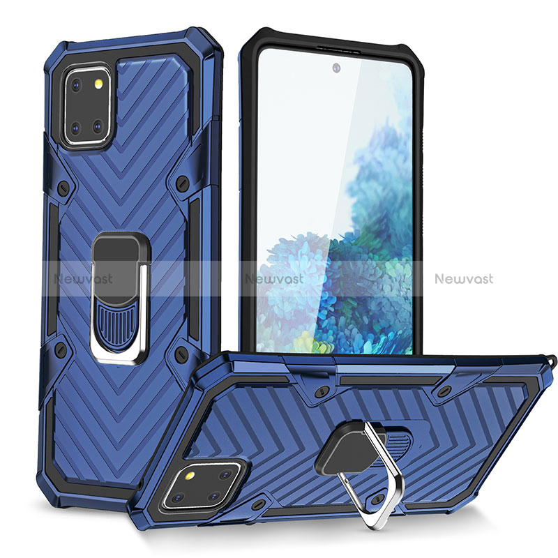 Silicone Matte Finish and Plastic Back Cover Case with Magnetic Finger Ring Stand YF1 for Samsung Galaxy A81 Blue