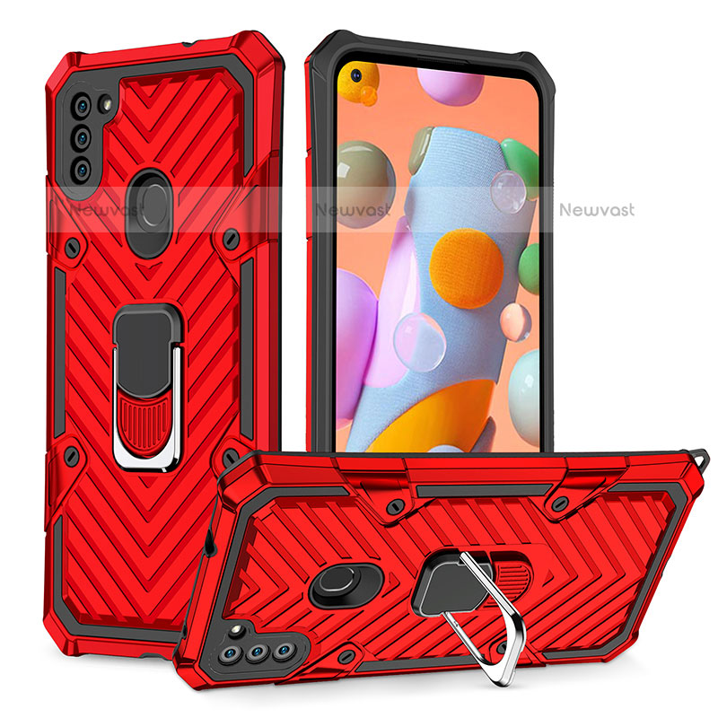 Silicone Matte Finish and Plastic Back Cover Case with Magnetic Finger Ring Stand YF1 for Samsung Galaxy M11