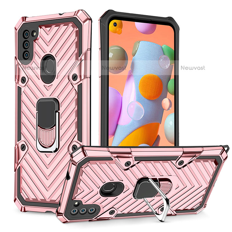 Silicone Matte Finish and Plastic Back Cover Case with Magnetic Finger Ring Stand YF1 for Samsung Galaxy M11