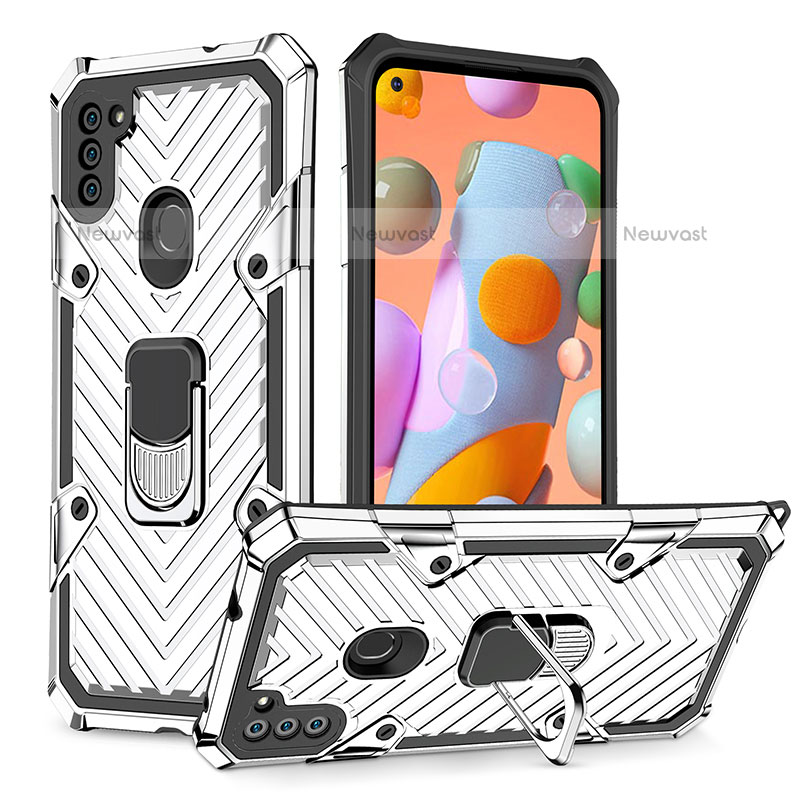 Silicone Matte Finish and Plastic Back Cover Case with Magnetic Finger Ring Stand YF1 for Samsung Galaxy M11