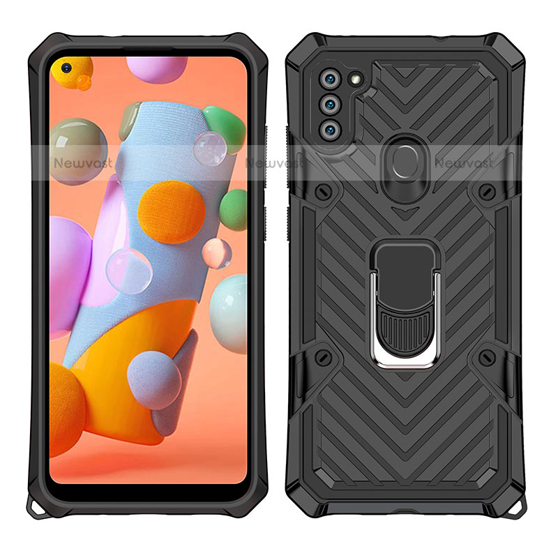 Silicone Matte Finish and Plastic Back Cover Case with Magnetic Finger Ring Stand YF1 for Samsung Galaxy M11