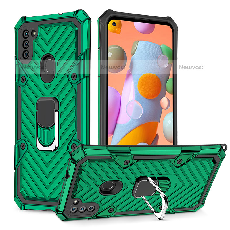 Silicone Matte Finish and Plastic Back Cover Case with Magnetic Finger Ring Stand YF1 for Samsung Galaxy M11 Green
