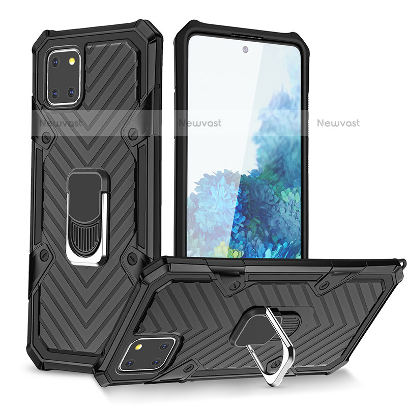 Silicone Matte Finish and Plastic Back Cover Case with Magnetic Finger Ring Stand YF1 for Samsung Galaxy Note 10 Lite Black