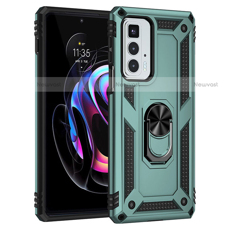 Silicone Matte Finish and Plastic Back Cover Case with Magnetic Finger Ring Stand Z01 for Motorola Moto Edge 20 Pro 5G Green