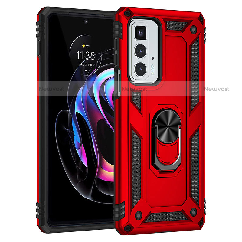 Silicone Matte Finish and Plastic Back Cover Case with Magnetic Finger Ring Stand Z01 for Motorola Moto Edge 20 Pro 5G Red