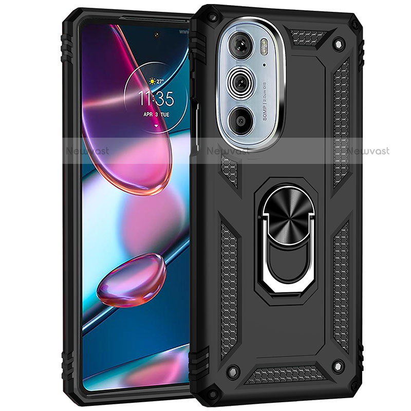 Silicone Matte Finish and Plastic Back Cover Case with Magnetic Finger Ring Stand Z01 for Motorola Moto Edge 30 Pro 5G