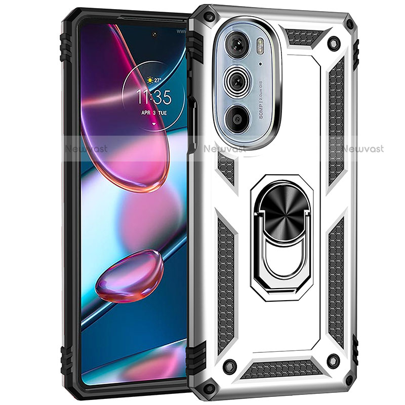 Silicone Matte Finish and Plastic Back Cover Case with Magnetic Finger Ring Stand Z01 for Motorola Moto Edge 30 Pro 5G