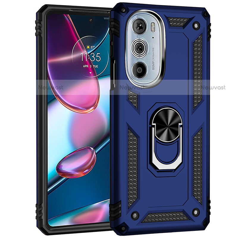 Silicone Matte Finish and Plastic Back Cover Case with Magnetic Finger Ring Stand Z01 for Motorola Moto Edge 30 Pro 5G Blue