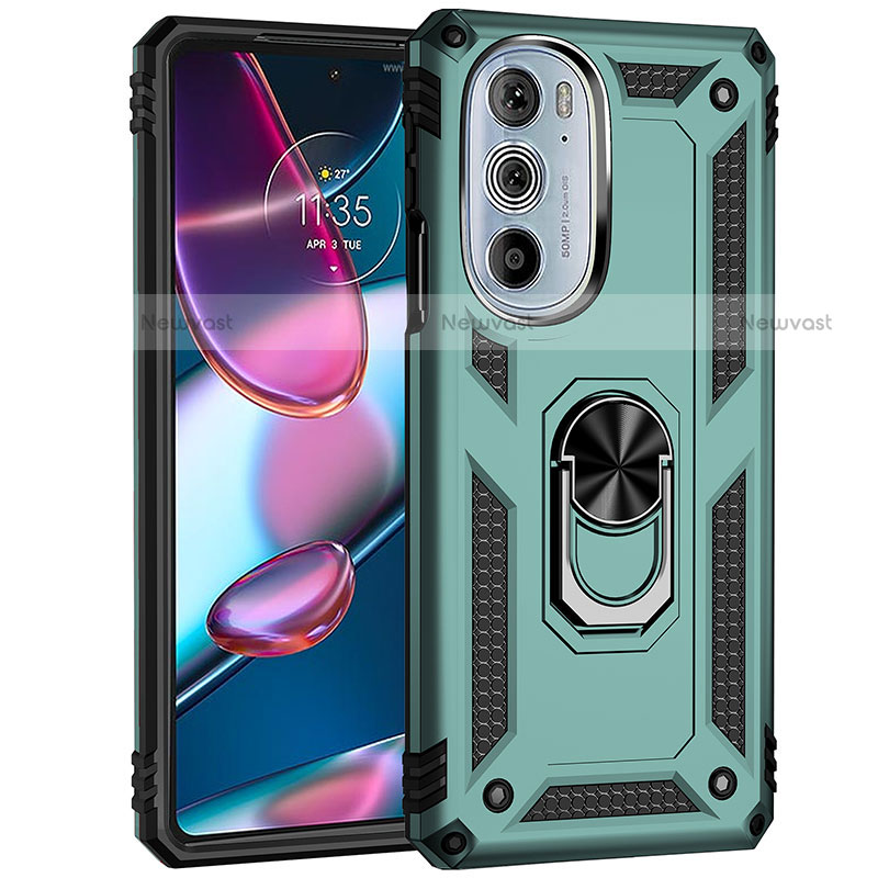 Silicone Matte Finish and Plastic Back Cover Case with Magnetic Finger Ring Stand Z01 for Motorola Moto Edge 30 Pro 5G Green