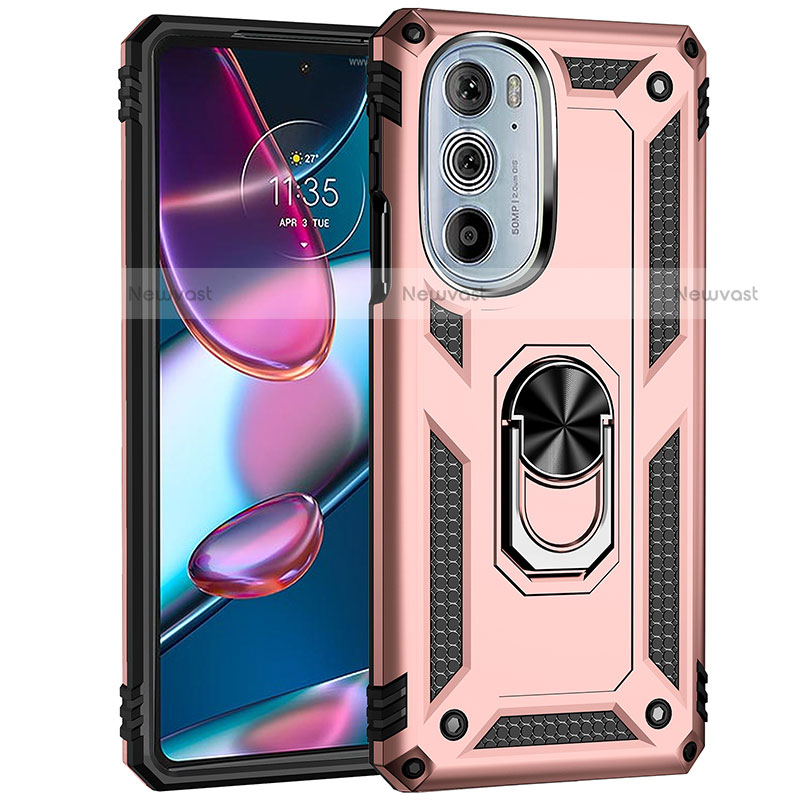 Silicone Matte Finish and Plastic Back Cover Case with Magnetic Finger Ring Stand Z01 for Motorola Moto Edge 30 Pro 5G Rose Gold