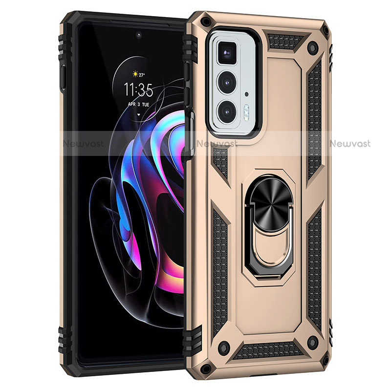 Silicone Matte Finish and Plastic Back Cover Case with Magnetic Finger Ring Stand Z01 for Motorola Moto Edge S Pro 5G Gold