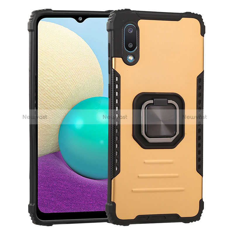 Silicone Matte Finish and Plastic Back Cover Case with Magnetic Finger Ring Stand ZJ1 for Samsung Galaxy M02 Gold