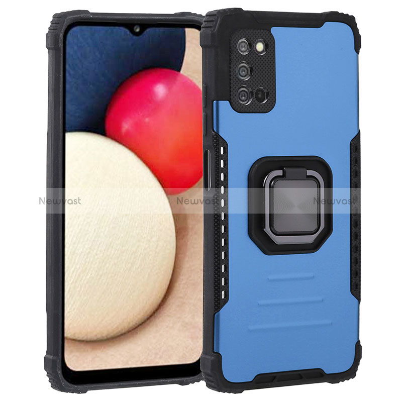 Silicone Matte Finish and Plastic Back Cover Case with Magnetic Finger Ring Stand ZJ1 for Samsung Galaxy M02s Blue