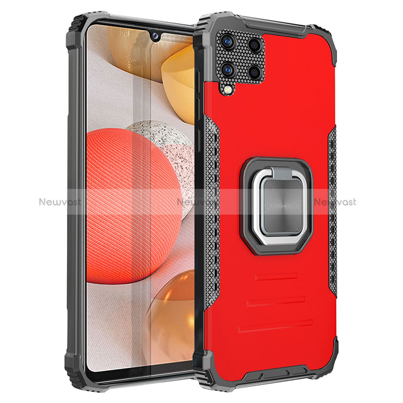 Silicone Matte Finish and Plastic Back Cover Case with Magnetic Finger Ring Stand ZJ2 for Samsung Galaxy A42 5G Red