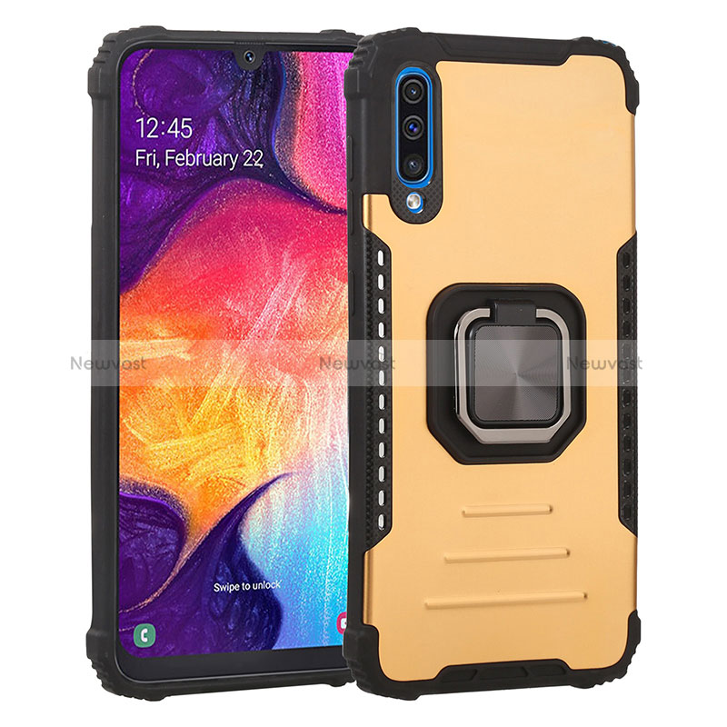 Silicone Matte Finish and Plastic Back Cover Case with Magnetic Finger Ring Stand ZJ2 for Samsung Galaxy A50 Gold
