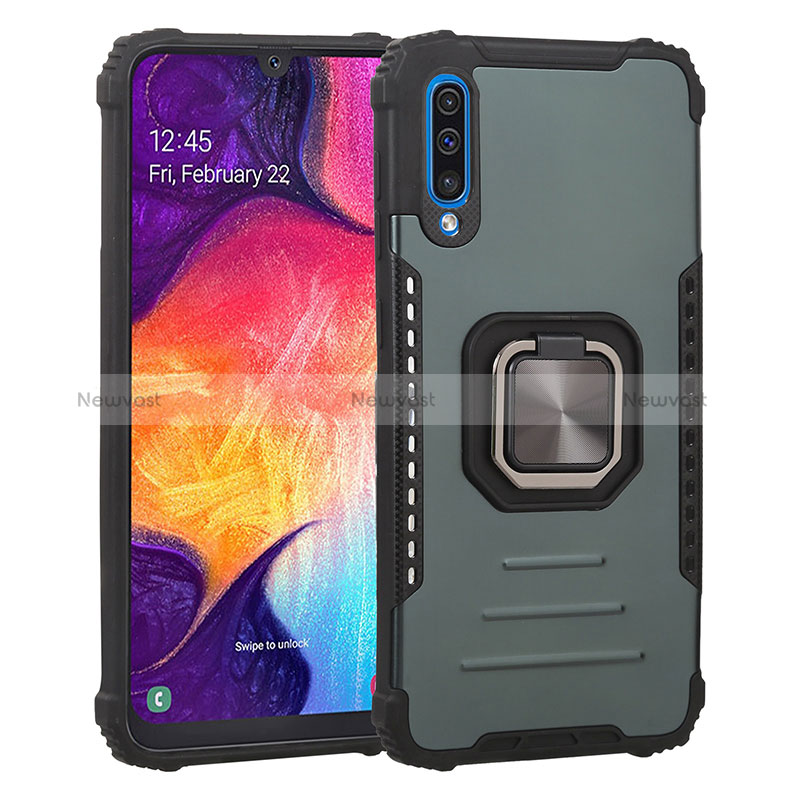 Silicone Matte Finish and Plastic Back Cover Case with Magnetic Finger Ring Stand ZJ2 for Samsung Galaxy A50 Green