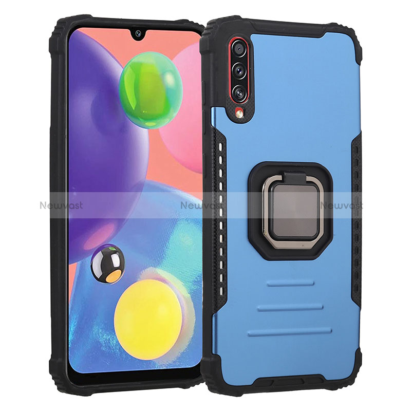 Silicone Matte Finish and Plastic Back Cover Case with Magnetic Finger Ring Stand ZJ2 for Samsung Galaxy A70 Blue