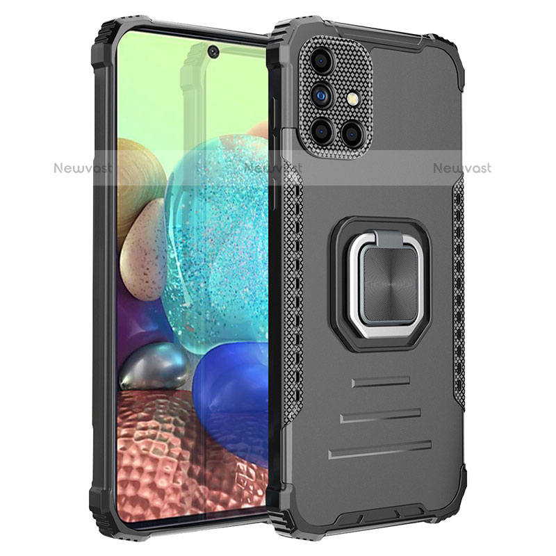 Silicone Matte Finish and Plastic Back Cover Case with Magnetic Finger Ring Stand ZJ2 for Samsung Galaxy A71 4G A715 Black