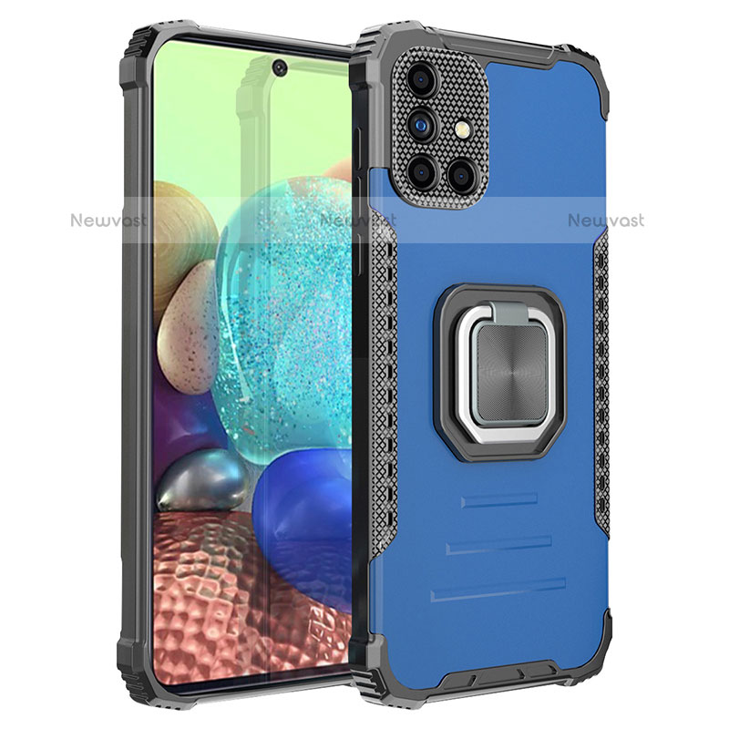 Silicone Matte Finish and Plastic Back Cover Case with Magnetic Finger Ring Stand ZJ2 for Samsung Galaxy A71 4G A715 Blue