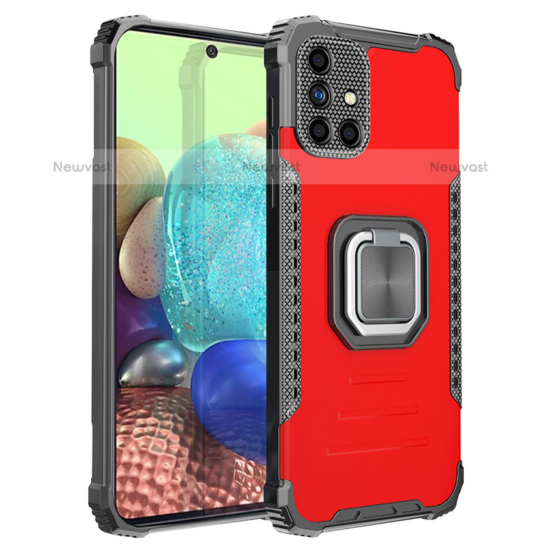 Silicone Matte Finish and Plastic Back Cover Case with Magnetic Finger Ring Stand ZJ2 for Samsung Galaxy A71 4G A715 Red
