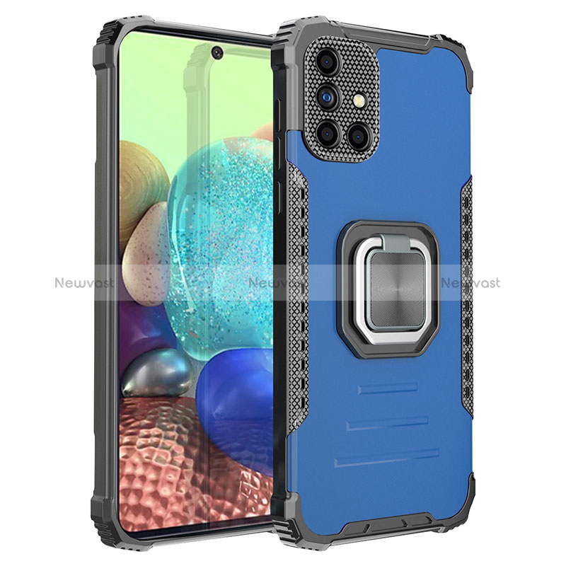Silicone Matte Finish and Plastic Back Cover Case with Magnetic Finger Ring Stand ZJ2 for Samsung Galaxy A71 5G Blue