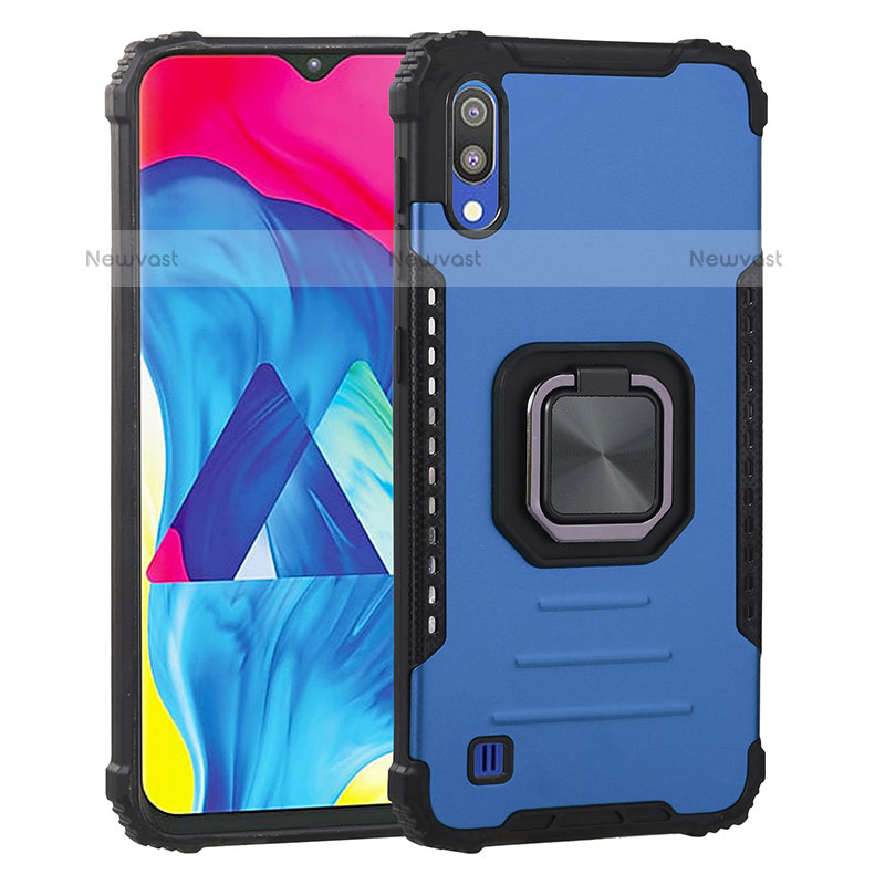 Silicone Matte Finish and Plastic Back Cover Case with Magnetic Finger Ring Stand ZJ2 for Samsung Galaxy M10 Blue