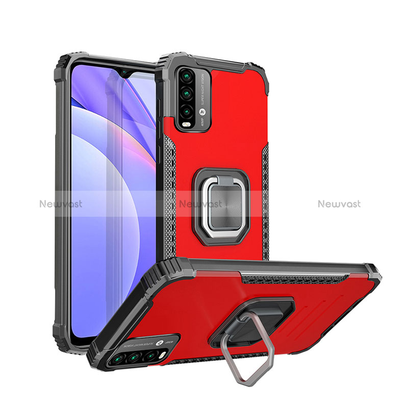 Silicone Matte Finish and Plastic Back Cover Case with Magnetic Finger Ring Stand ZJ2 for Xiaomi Redmi 9T 4G