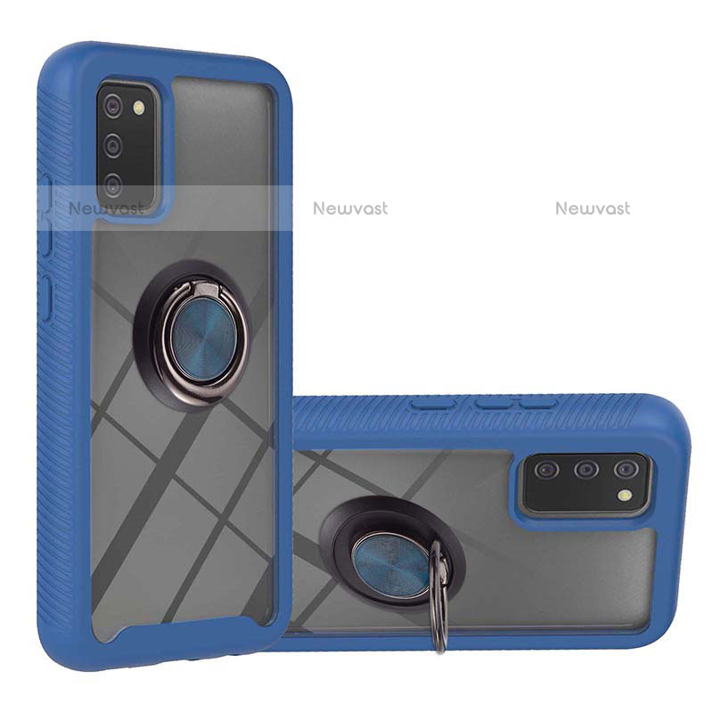 Silicone Matte Finish and Plastic Back Cover Case with Magnetic Finger Ring Stand ZJ5 for Samsung Galaxy A02s Blue