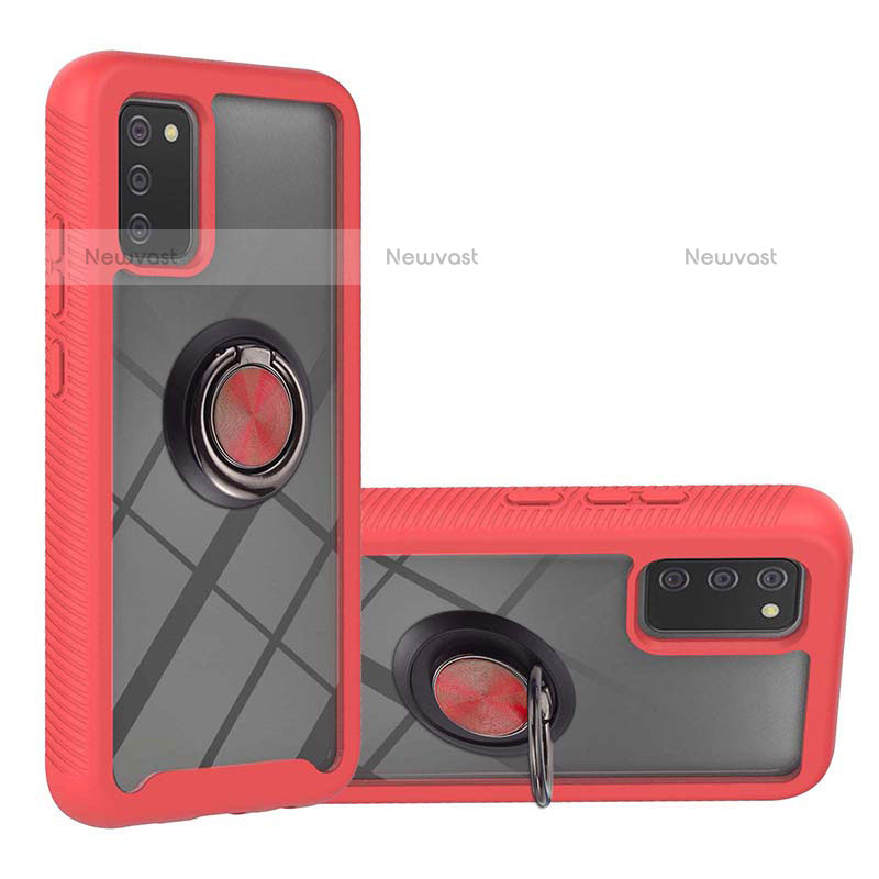 Silicone Matte Finish and Plastic Back Cover Case with Magnetic Finger Ring Stand ZJ5 for Samsung Galaxy A02s Red