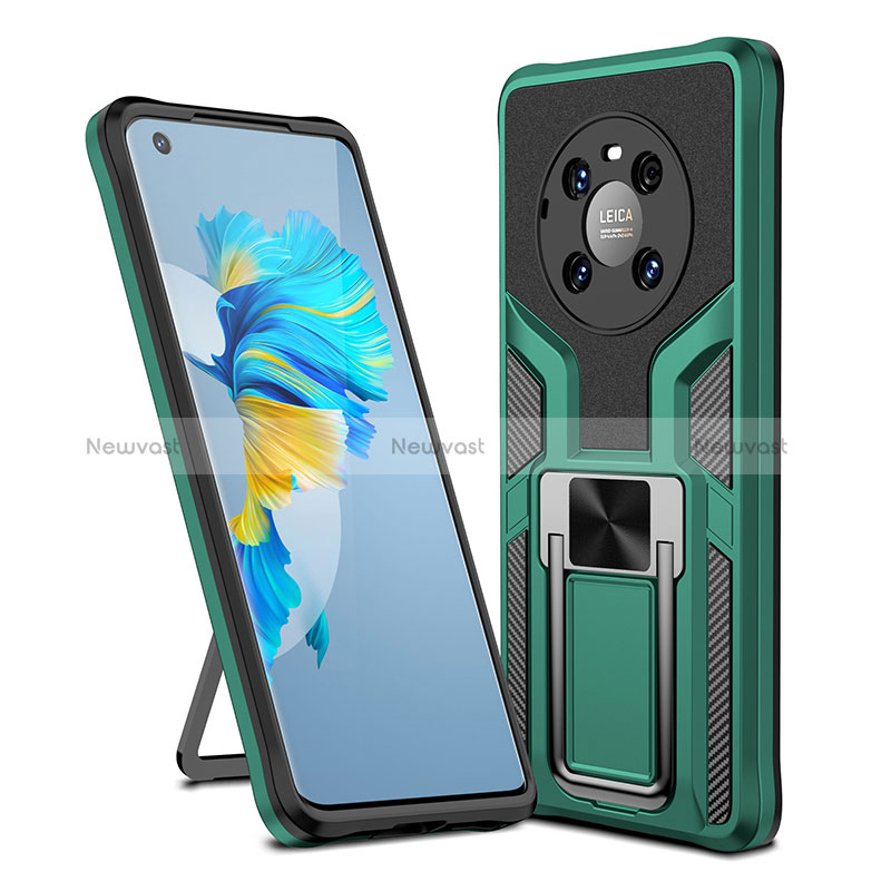 Silicone Matte Finish and Plastic Back Cover Case with Magnetic Finger Ring Stand ZL1 for Huawei Mate 40 Green
