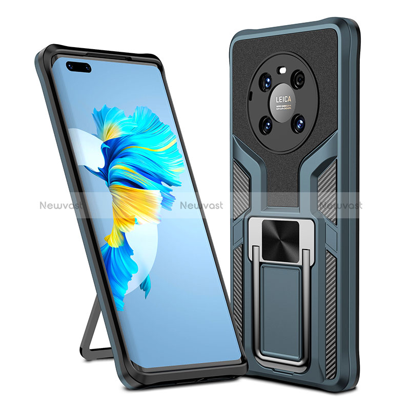 Silicone Matte Finish and Plastic Back Cover Case with Magnetic Finger Ring Stand ZL1 for Huawei Mate 40 Pro Cyan