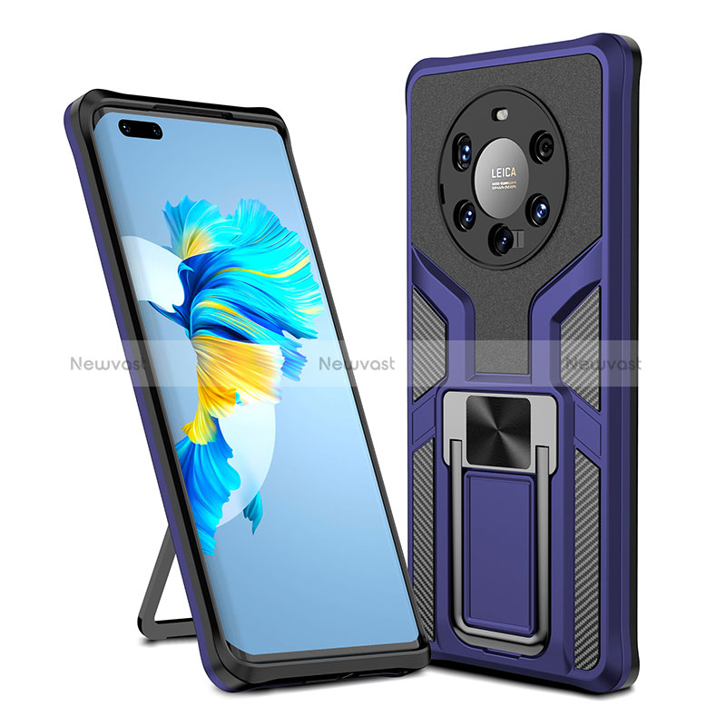 Silicone Matte Finish and Plastic Back Cover Case with Magnetic Finger Ring Stand ZL1 for Huawei Mate 40 Pro+ Plus Blue