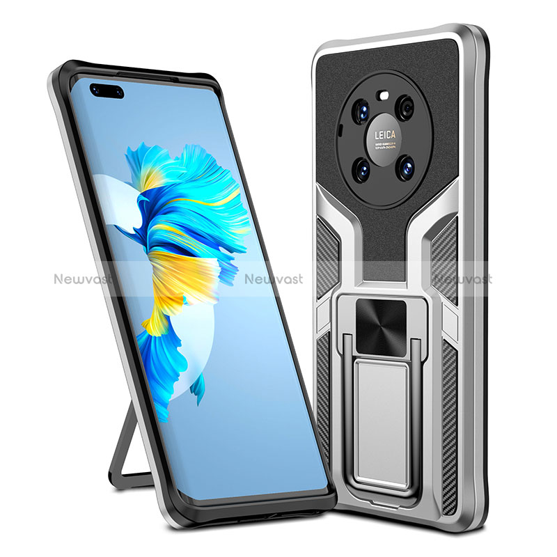 Silicone Matte Finish and Plastic Back Cover Case with Magnetic Finger Ring Stand ZL1 for Huawei Mate 40 Pro Silver