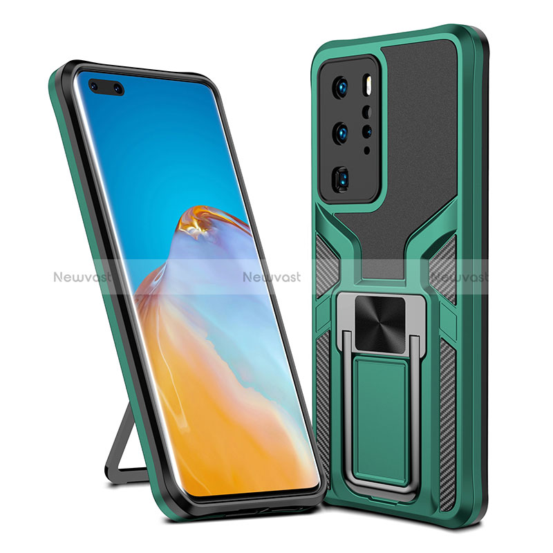 Silicone Matte Finish and Plastic Back Cover Case with Magnetic Finger Ring Stand ZL1 for Huawei P40 Pro Green
