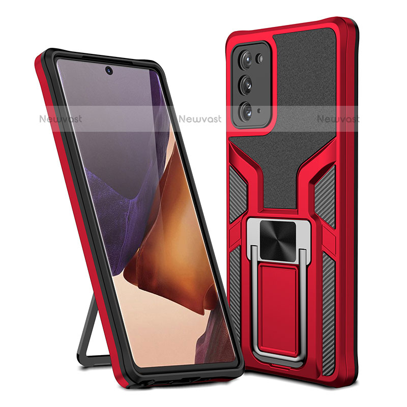 Silicone Matte Finish and Plastic Back Cover Case with Magnetic Finger Ring Stand ZL1 for Samsung Galaxy Note 20 5G Red