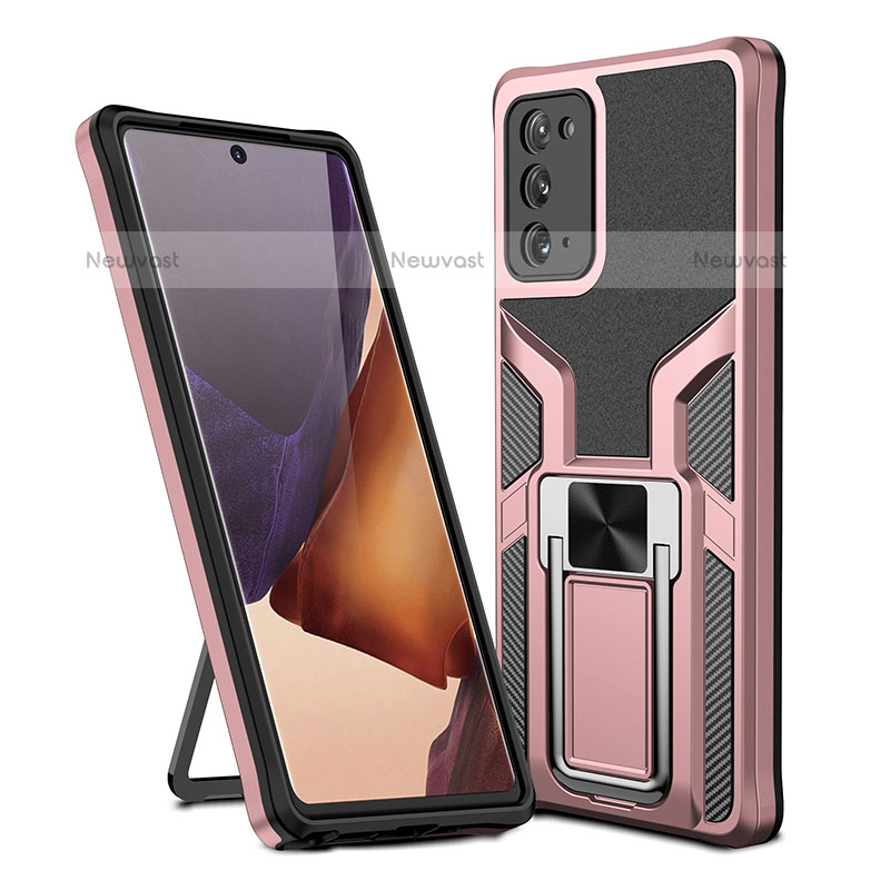 Silicone Matte Finish and Plastic Back Cover Case with Magnetic Finger Ring Stand ZL1 for Samsung Galaxy Note 20 5G Rose Gold