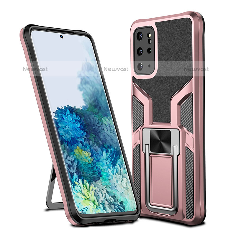 Silicone Matte Finish and Plastic Back Cover Case with Magnetic Finger Ring Stand ZL1 for Samsung Galaxy S20 Plus 5G Rose Gold
