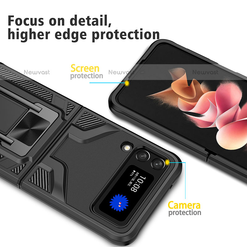 Silicone Matte Finish and Plastic Back Cover Case with Magnetic Finger Ring Stand ZL1 for Samsung Galaxy Z Flip3 5G