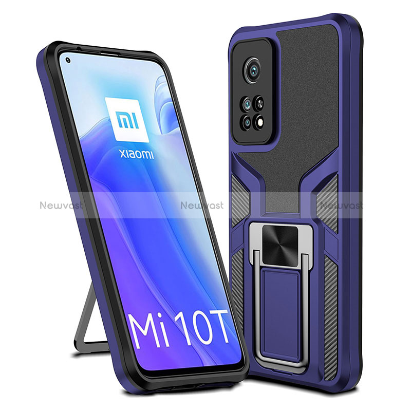 Silicone Matte Finish and Plastic Back Cover Case with Magnetic Finger Ring Stand ZL1 for Xiaomi Mi 10T 5G Blue