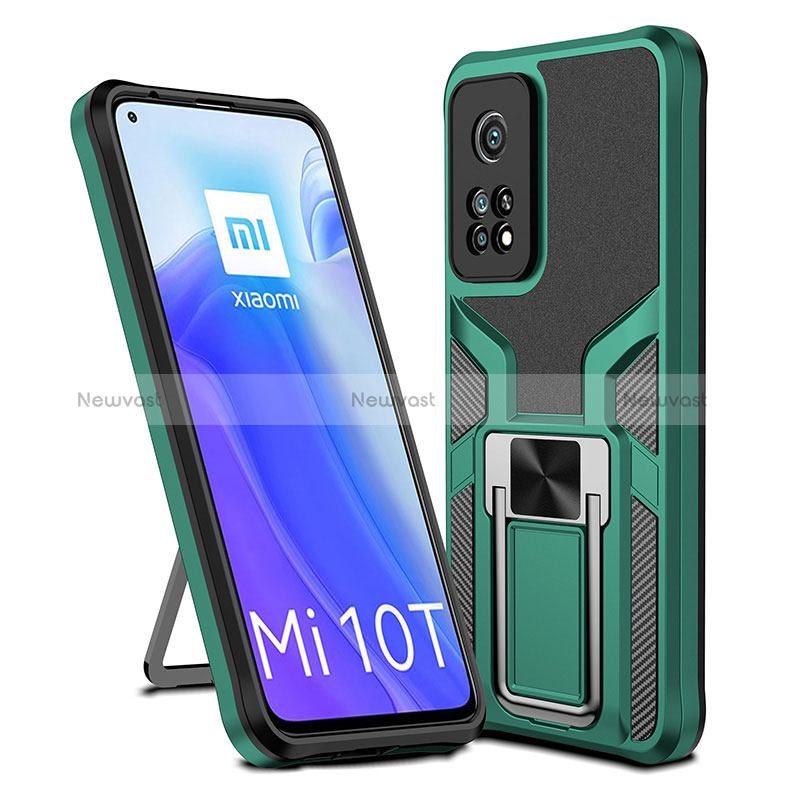 Silicone Matte Finish and Plastic Back Cover Case with Magnetic Finger Ring Stand ZL1 for Xiaomi Mi 10T Pro 5G Green