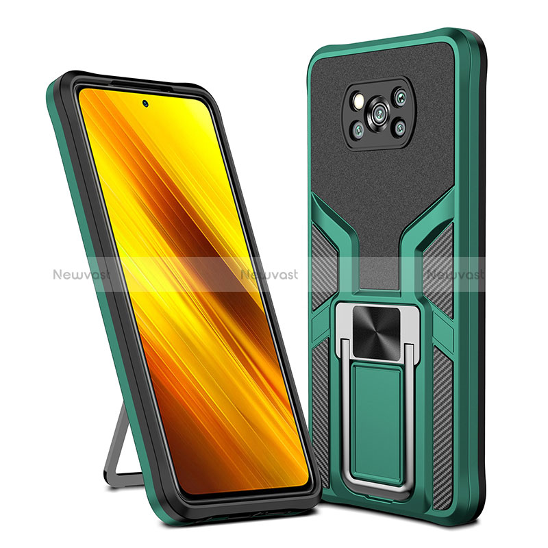 Silicone Matte Finish and Plastic Back Cover Case with Magnetic Finger Ring Stand ZL1 for Xiaomi Poco X3 Green