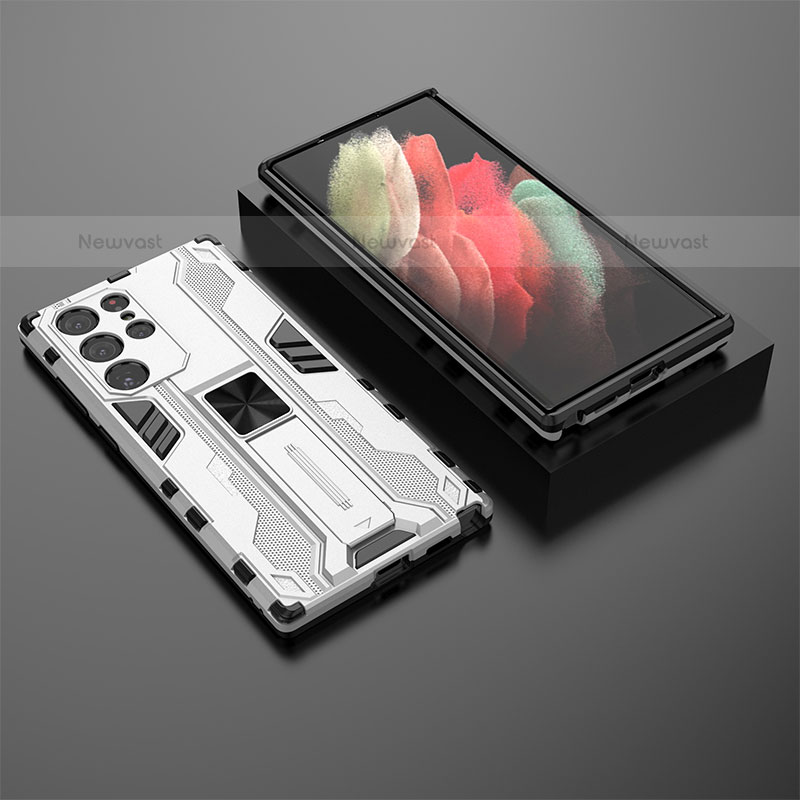 Silicone Matte Finish and Plastic Back Cover Case with Magnetic Stand A01 for Samsung Galaxy S23 Ultra 5G White