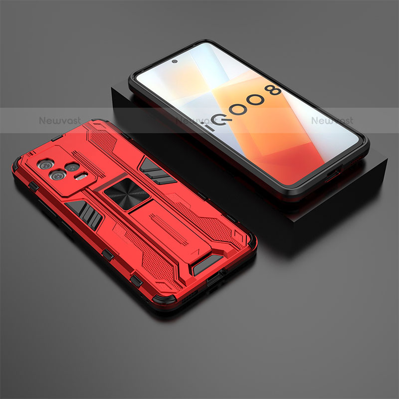 Silicone Matte Finish and Plastic Back Cover Case with Magnetic Stand A01 for Vivo iQOO 8 5G Red