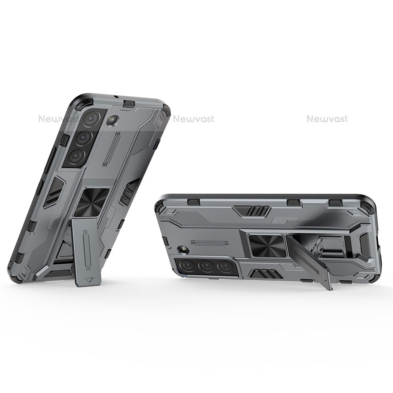 Silicone Matte Finish and Plastic Back Cover Case with Magnetic Stand A02 for Samsung Galaxy S21 Plus 5G Gray