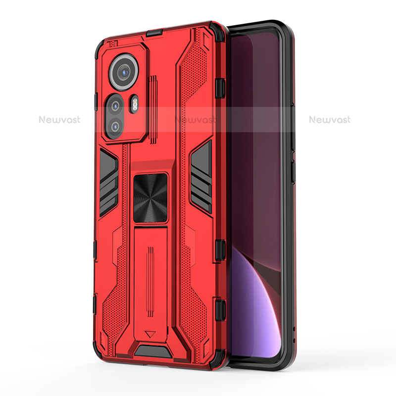 Silicone Matte Finish and Plastic Back Cover Case with Magnetic Stand A02 for Xiaomi Mi 12 Pro 5G Red