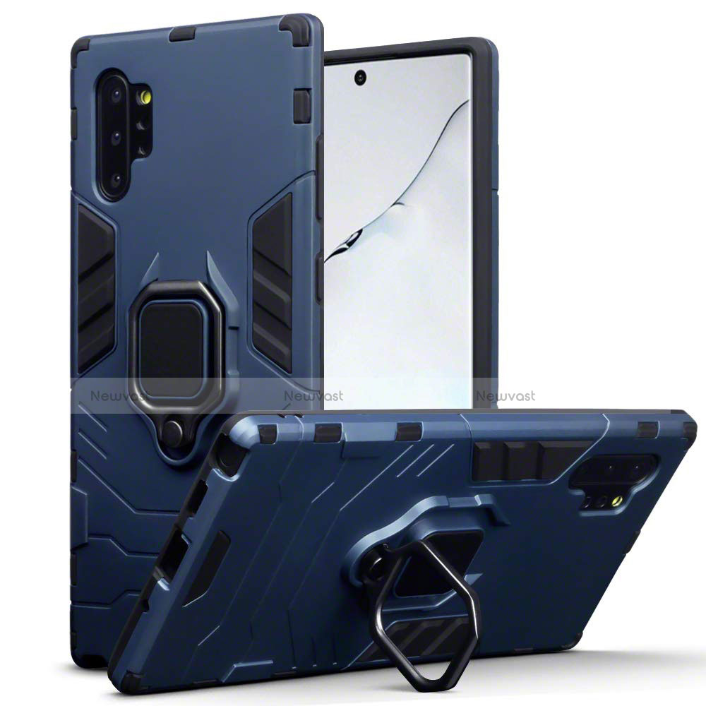 Silicone Matte Finish and Plastic Back Cover Case with Magnetic Stand A03 for Samsung Galaxy Note 10 Plus 5G Blue