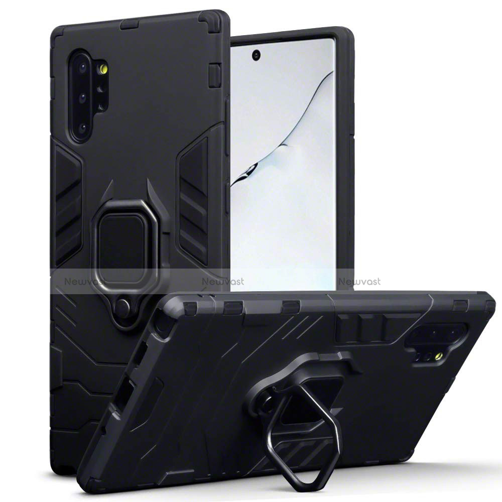 Silicone Matte Finish and Plastic Back Cover Case with Magnetic Stand A03 for Samsung Galaxy Note 10 Plus Black