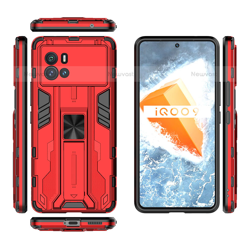 Silicone Matte Finish and Plastic Back Cover Case with Magnetic Stand A03 for Vivo iQOO 9 5G Red