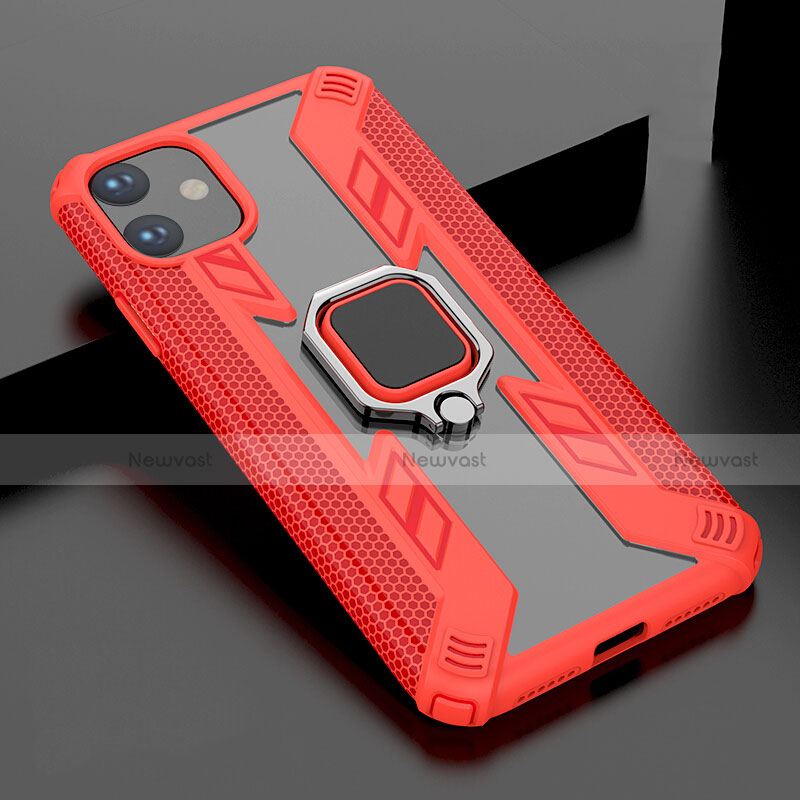 Silicone Matte Finish and Plastic Back Cover Case with Magnetic Stand for Apple iPhone 11 Red