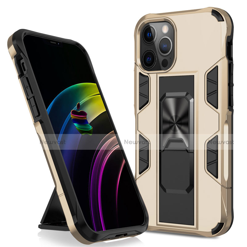 Silicone Matte Finish and Plastic Back Cover Case with Magnetic Stand for Apple iPhone 12 Pro Gold
